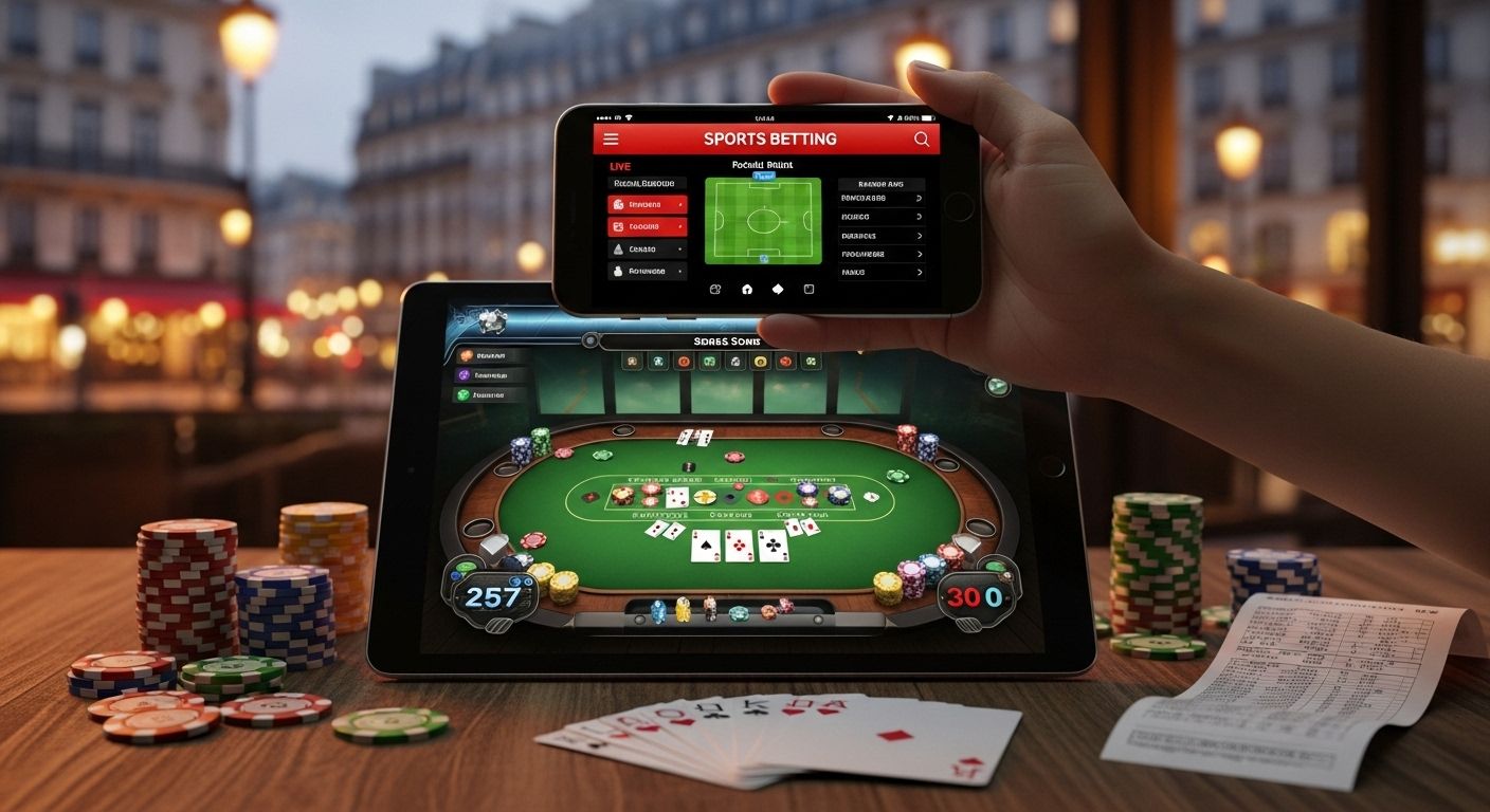 Appareil mobile et tablette affichant appli de jeu et graphique de croissance dans un salon français