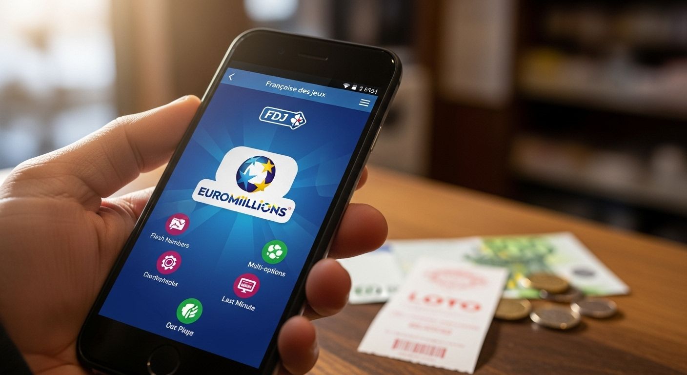 Application FDJ ouverte sur smartphone avec options de jeu et contexte tabac/bureau de loterie