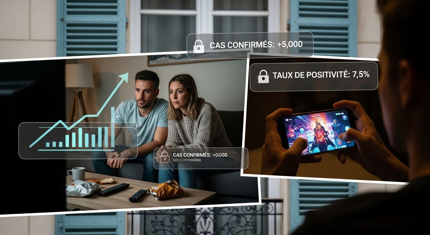 Intérieur français avec des personnes se divertissant en ligne pendant le confinement